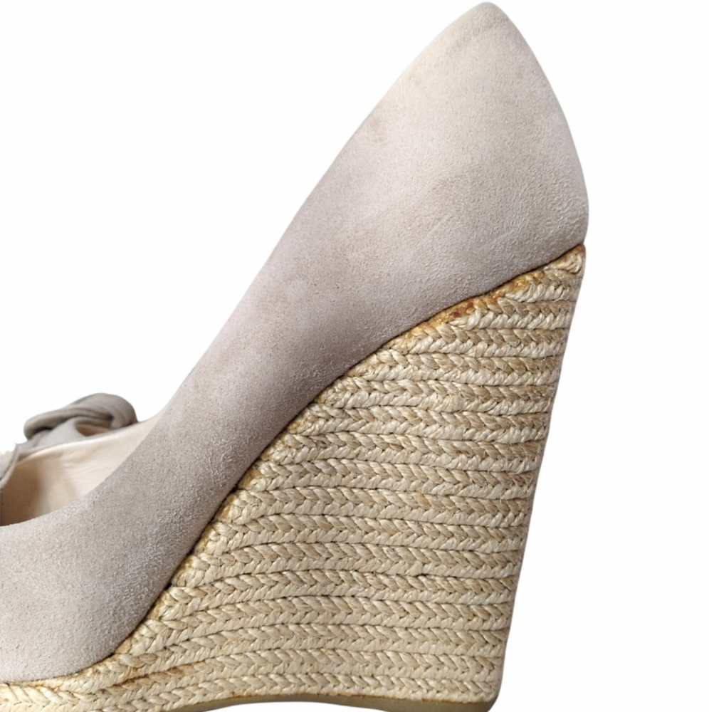 PRADA Suede Nude Espadrille Peep Square Toe Wedges Platform Sandals Shoes Size 8 - Picture 13 of 16